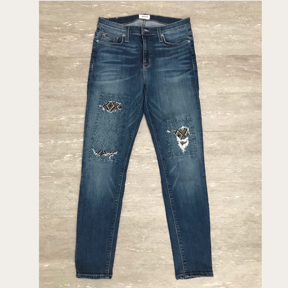 Hudson Midrise Nico Super Skinny Patch Ankle Jeans